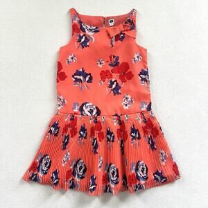 Janie And Jack Girl Vivid Coral Floral Print Chiffon Pleated Sleeveless Dress 6